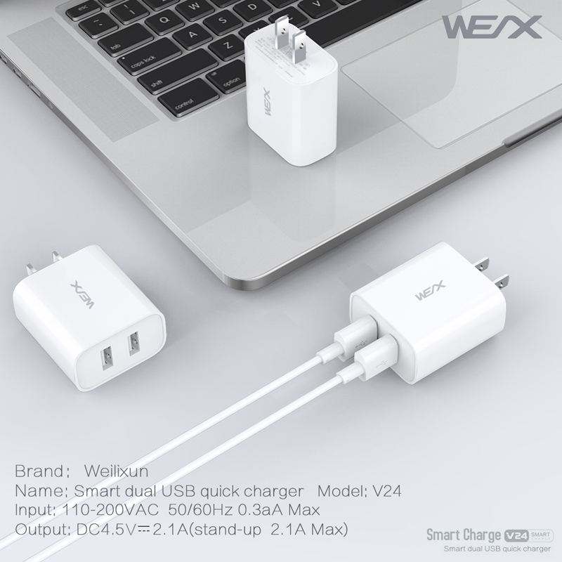 WEX V24 wandoplader, USB -oplader, snellader, dubbele poortlader